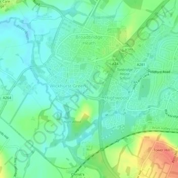 Mapa topográfico Broadbridge Heath, altitud, relieve
