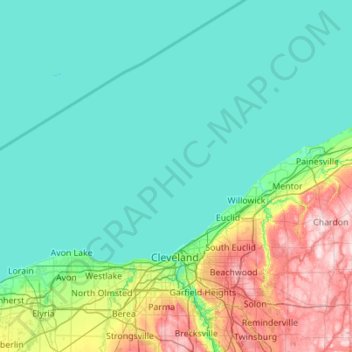 Mapa topográfico Cuyahoga County, altitud, relieve