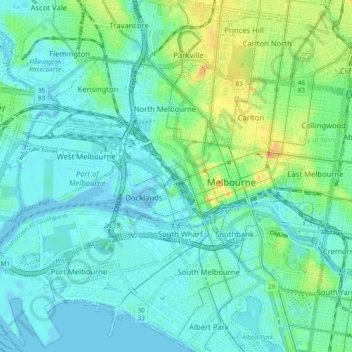 Mapa topográfico City of Melbourne, altitud, relieve