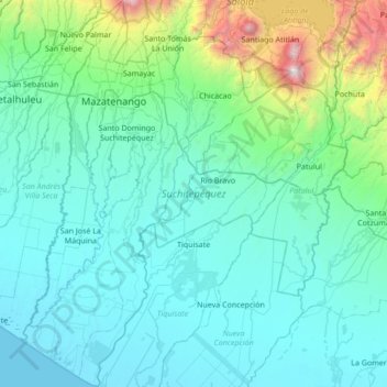 Mapa topográfico Suchitepéquez, altitud, relieve