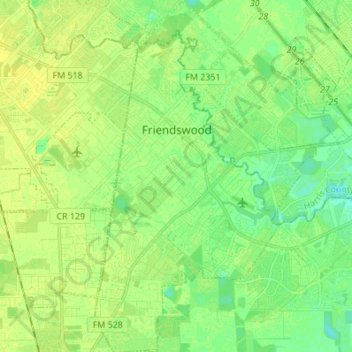 Mapa topográfico Friendswood, altitud, relieve