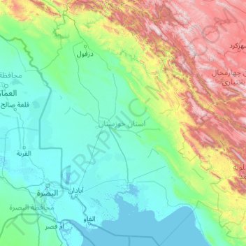Mapa topográfico Khuzestan Province, altitud, relieve