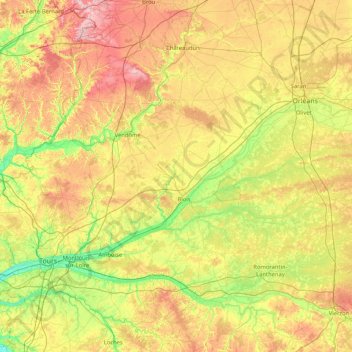 Mapa topográfico Loir-et-Cher, altitud, relieve
