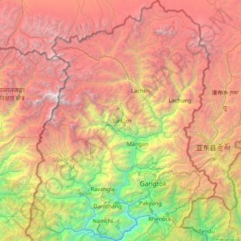 Mapa topográfico Sikkim, altitud, relieve