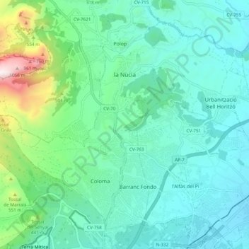 Mapa topográfico La Nucia, altitud, relieve