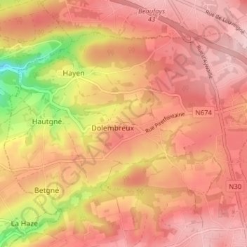 Mapa topográfico Dolembreux, altitud, relieve