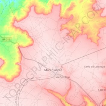 Mapa topográfico Marcolândia, altitud, relieve
