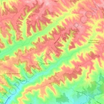 Mapa topográfico Flaugnac, altitud, relieve
