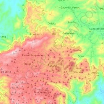 Mapa topográfico Pacoti, altitud, relieve