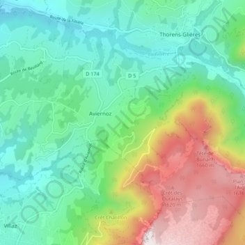 Mapa topográfico Aviernoz, altitud, relieve