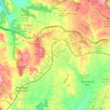 Mapa topográfico Calaf, altitud, relieve