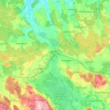 Mapa topográfico Ostrach, altitud, relieve