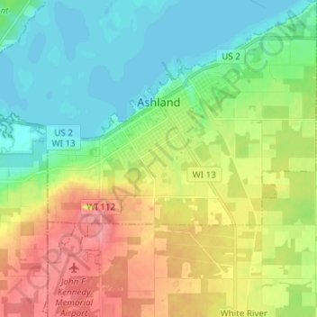 Mapa topográfico Ashland, altitud, relieve
