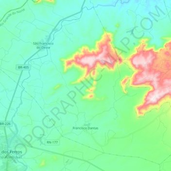 Mapa topográfico Francisco Dantas, altitud, relieve