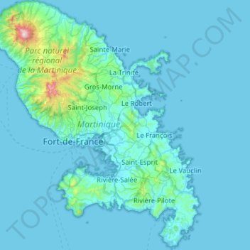 Mapa topográfico Martinique, altitud, relieve