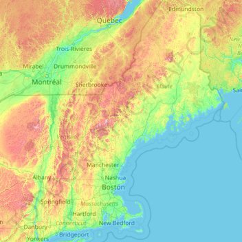 Mapa topográfico New England, altitud, relieve