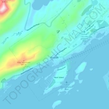 Mapa topográfico Kodiak, altitud, relieve
