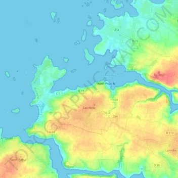 Mapa topográfico Landéda, altitud, relieve