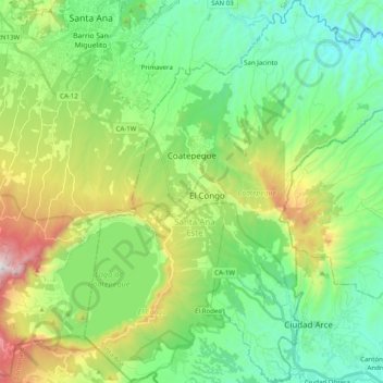 Mapa topográfico Coatepeque, altitud, relieve