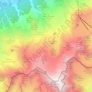 Mapa topográfico Glacier des Bossons, altitud, relieve