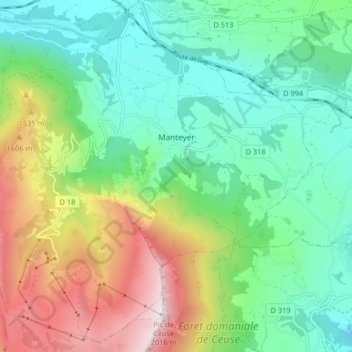Mapa topográfico Manteyer, altitud, relieve
