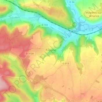 Mapa topográfico Rougeux, altitud, relieve