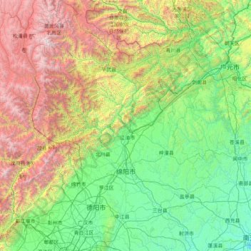 Mapa topográfico Mianyang, altitud, relieve