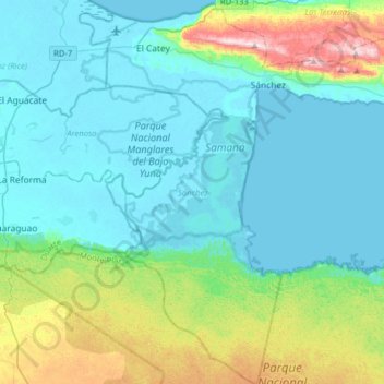 Mapa topográfico Sánchez, altitud, relieve
