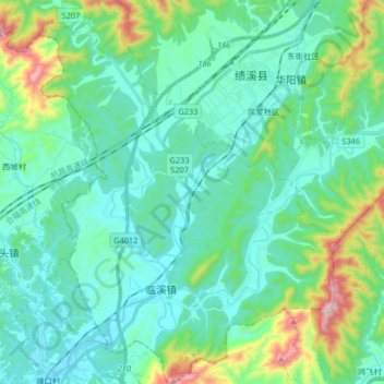 Mapa topográfico 临溪镇, altitud, relieve