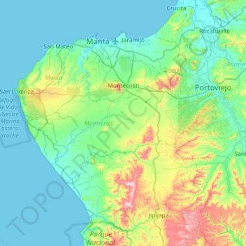 Mapa topográfico Montecristi, altitud, relieve