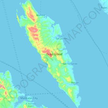Mapa topográfico Ticao Island, altitud, relieve