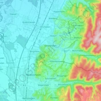 Mapa topográfico Ettenheim, altitud, relieve
