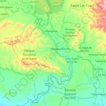 Mapa topográfico Las Yayas De Viajama, altitud, relieve
