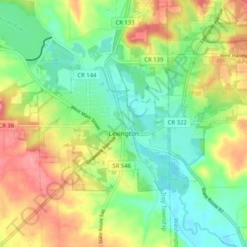 Mapa topográfico Lexington, altitud, relieve