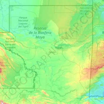 Mapa topográfico Petén, altitud, relieve