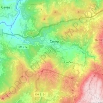 Mapa topográfico Cerva e Limões, altitud, relieve