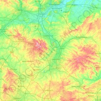 Mapa topográfico Leicestershire, altitud, relieve