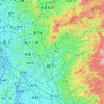 Mapa topográfico Toyota, altitud, relieve