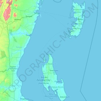 Mapa topográfico Sansibar, altitud, relieve