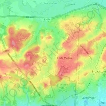 Mapa topográfico Corfe Mullen, altitud, relieve