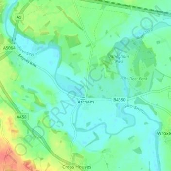 Mapa topográfico Atcham, altitud, relieve