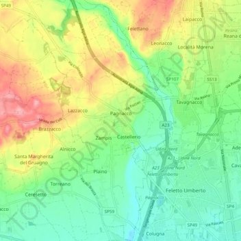 Mapa topográfico Pagnacco, altitud, relieve