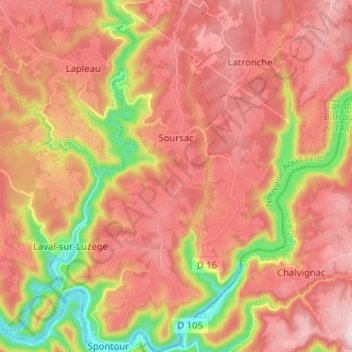 Mapa topográfico Soursac, altitud, relieve