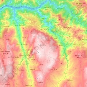 Mapa topográfico Tabuaço, altitud, relieve