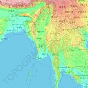 Mapa topográfico Birmania, altitud, relieve