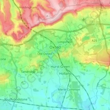 Mapa topográfico Oxted, altitud, relieve