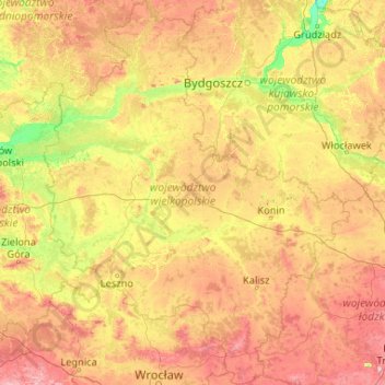 Mapa topográfico Voivodato de Gran Polonia, altitud, relieve