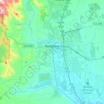 Mapa topográfico Redding, altitud, relieve