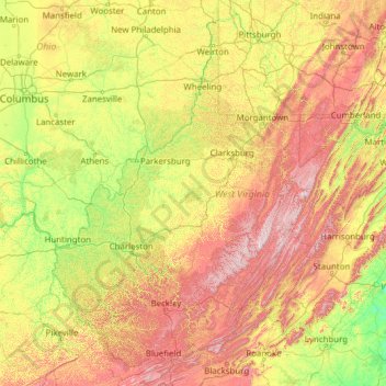 Mapa topográfico West Virginia, altitud, relieve