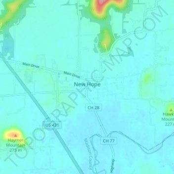 Mapa topográfico New Hope, altitud, relieve